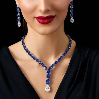 Retro Style Blue Pear Cut Necklace & Earrings Set