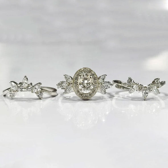 Crown Design Oval Cut Cluster Sterling Silver Bridal Ring Set
