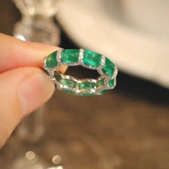 Emerald Cut Eternity Green Wedding Band In Sterling Silver