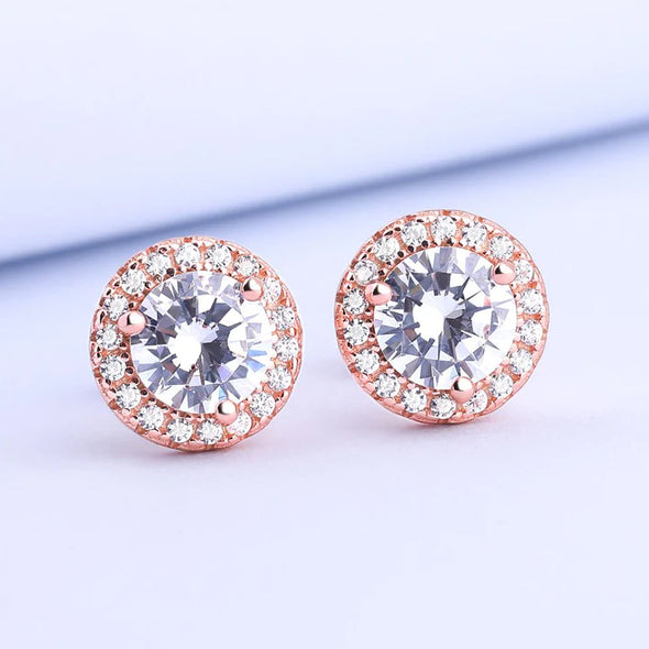 Halo Round Cut Sterling Silver Stud Earrings