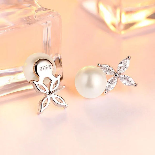 Four Leaves Clover With Pearl Stud Earrings