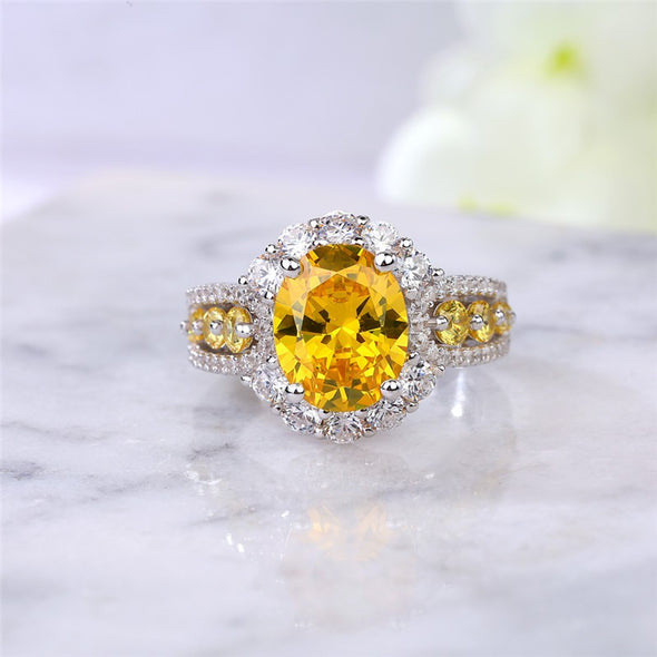 Oval Cut Yellow Topaz 925 Sterling Silver Halo Engagement Ring