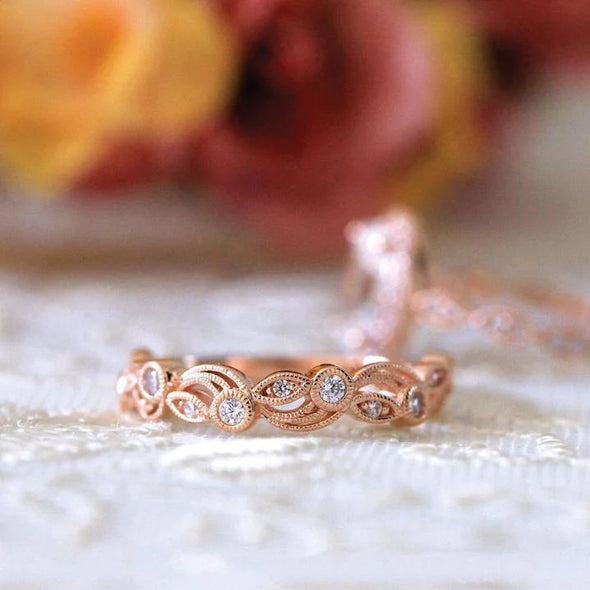 Vintage Rose Golden Leaf & Vine Stackable Wedding Band