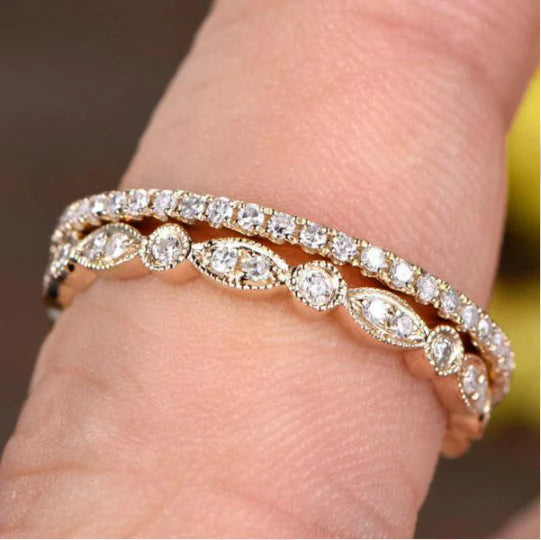 2pcs Golden Tone Art Decor Eternity Stackable Wedding Band