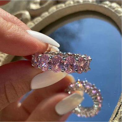 Stunning Oval Cut Pink High-Gemstone Sterling Silver Wedding Band