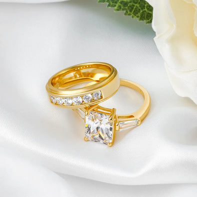 Luxury Golden Tone Dreamy Wedding Inspired Sterling Silver Couple Engagement Ring