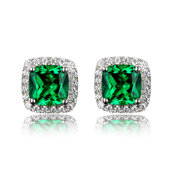 Retro Emeralds Cut Halo Stud Earrings in 18K Platinum Plated Sterling Silver