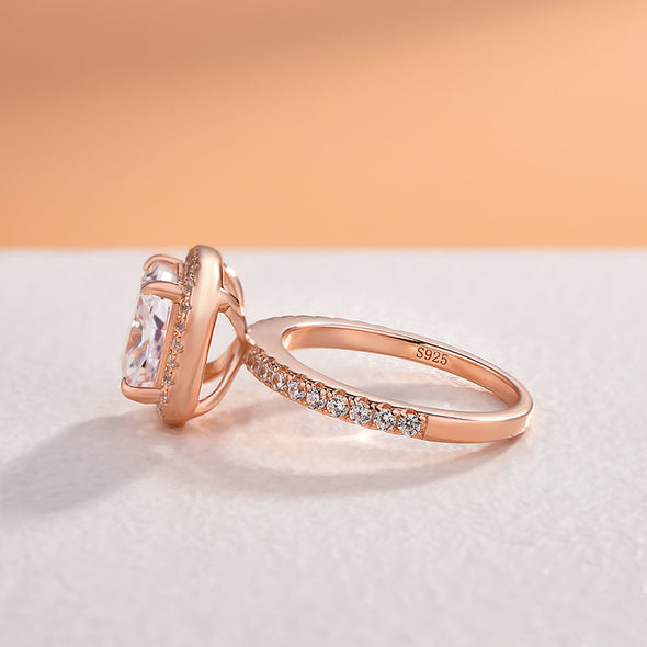 Classic Rose Gold Tone Halo Radiant Cut Sterling Silver Engagement Ring