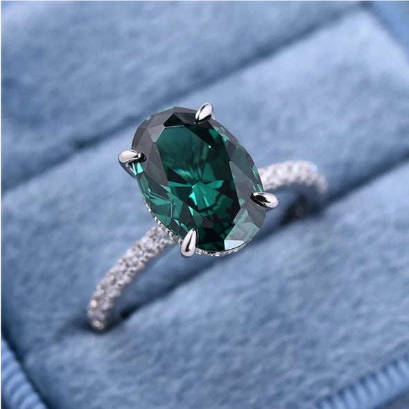 Classic Oval Cut Emerald Green Engagement Ring In Sterling Silver