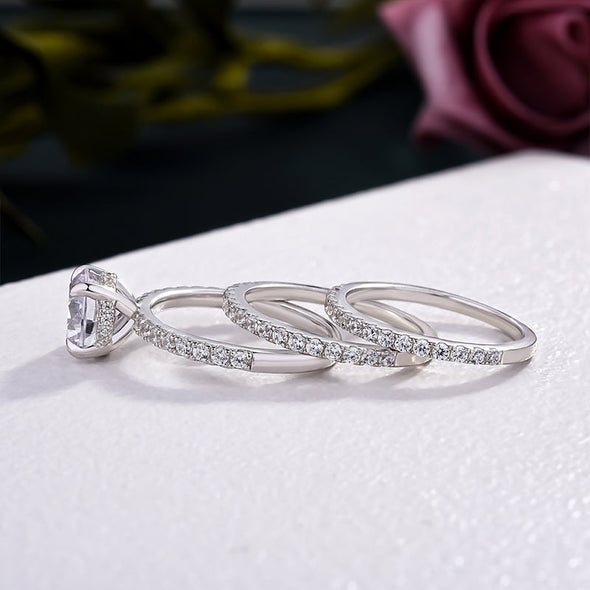 Elegant Round Cut 3PC Sterling Silver Bridal Ring Set