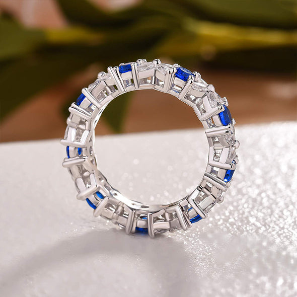 Dainty Butterfly Design White & Blue Gemstone Sterling Silver Wedding Band