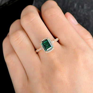 Vintage Halo Emerald Cut Engagement Ring In Sterling Silver