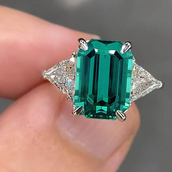 Paraiba Tourmaline Emerald Cut Three Stone Sterling Silver Engagement Ring