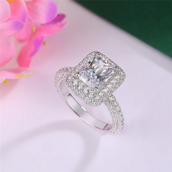 Sparkle Halo Radiant Cut 925 Sterling Silver Engagement Ring