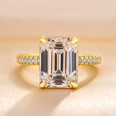 Gorgeous Golden Tone Emerald Cut Engagement Ring In Sterling Silver