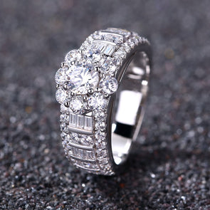 Vintage Flower Design Halo Round Cut Sterling Silver Engagement Ring