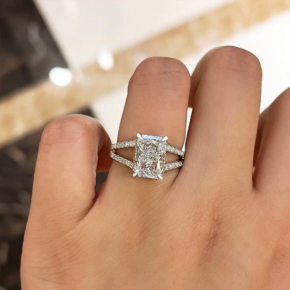 Exquisite Split Shank Radiant Cut Sterling Silver Engagement Ring