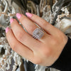 Vintage Double Halo Three Shank Emerald Cut Sterling Silver Engagement Ring