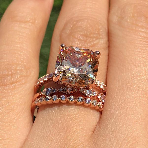 5 Carat 3PC Cushion Cut Champagne Wedding Bridal Set In Rose Gold