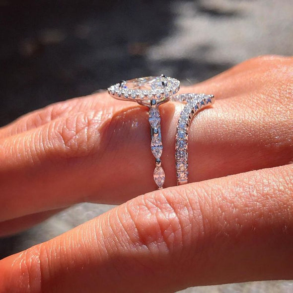 Brilliant Halo Pear Cut Sterling Silver Wedding Ring Set