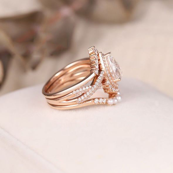 Rose Golden Tone Halo Pear Cut Twisted Curved Sterling Silver Bridal Set