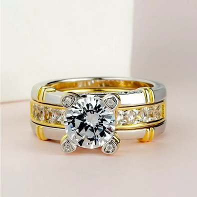 Luxurious Two Tone Round Cut Sterling Silver Wedding Bridal Set