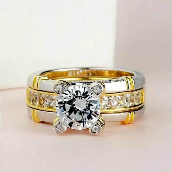 Luxurious Two Tone Round Cut Sterling Silver Wedding Bridal Set
