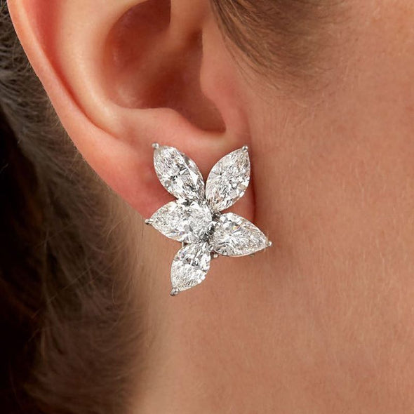 Dainty Flower Design Marquise & Pear Cut Sterling Silver Stud Earrings