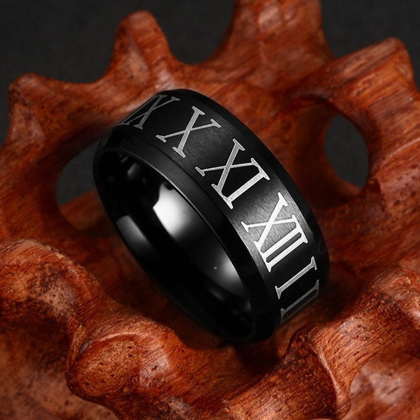 Black Roman Numerals Titanium Steel Men's Ring
