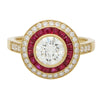 Retro Style Ruby Double Halo Engagement Ring In Golden Tone