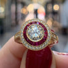 Retro Style Ruby Double Halo Engagement Ring In Golden Tone