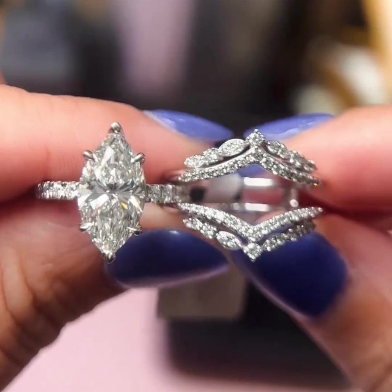 2pcs Solitaire Marquise Cut Enhancer Design Insert Wedding Ring Set in ...
