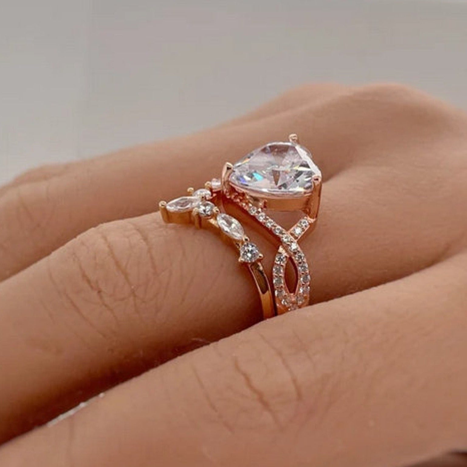 Heart Cut Infinity Split Shank Ring Set in Sterling Silver