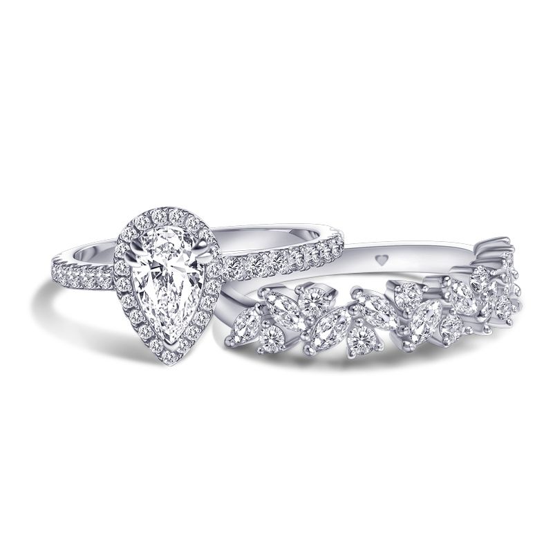 Pear Cut Engagement Ring Set & Leaves Wedding Band – Customizable