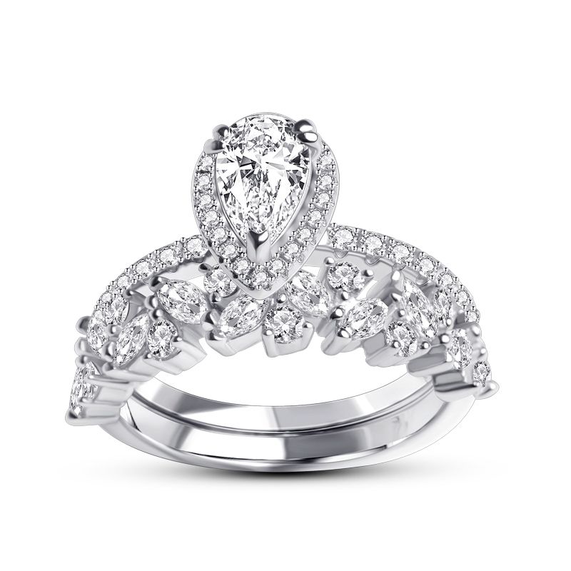 Pear Cut Engagement Ring Set & Leaves Wedding Band – Customizable