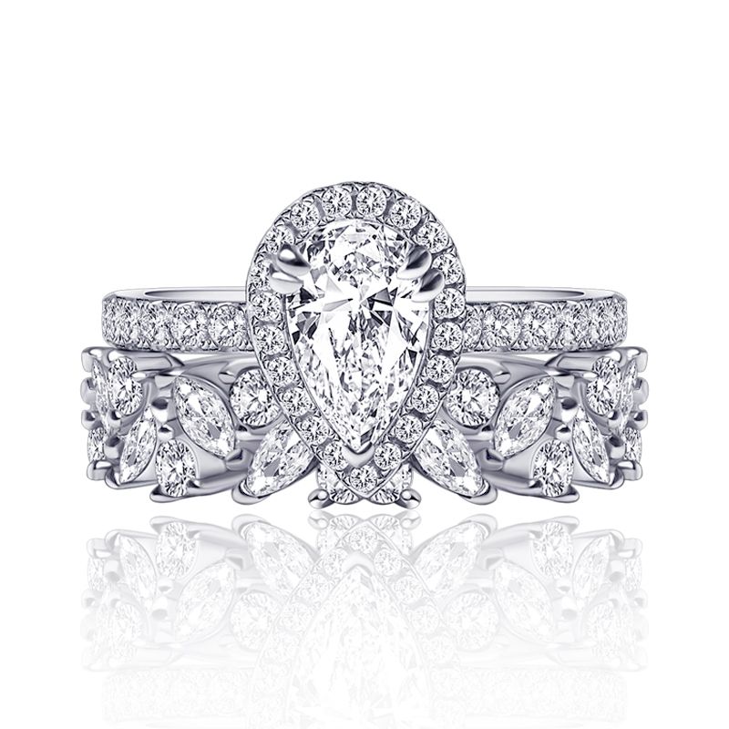 Pear Cut Engagement Ring Set & Leaves Wedding Band – Customizable